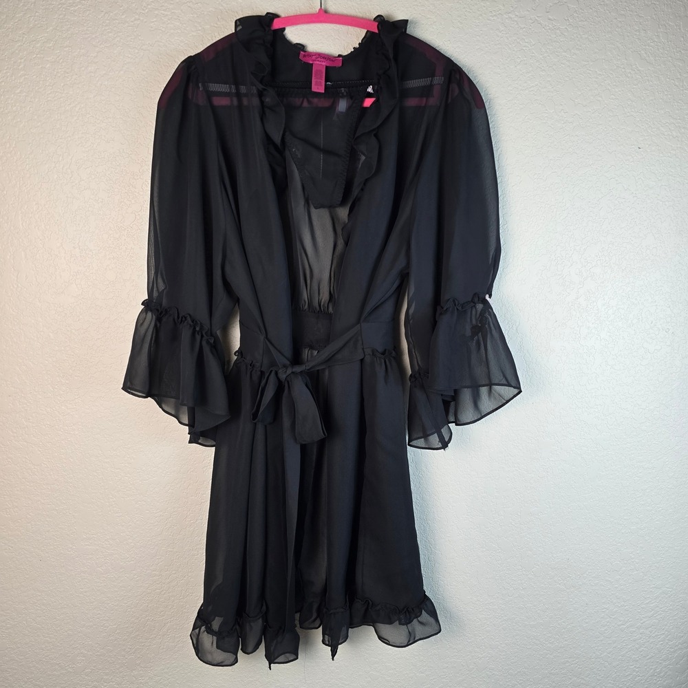 Betsey Johnson Intimates Black Sheer Ruffle Robe & Thong Set Size Large / Medium